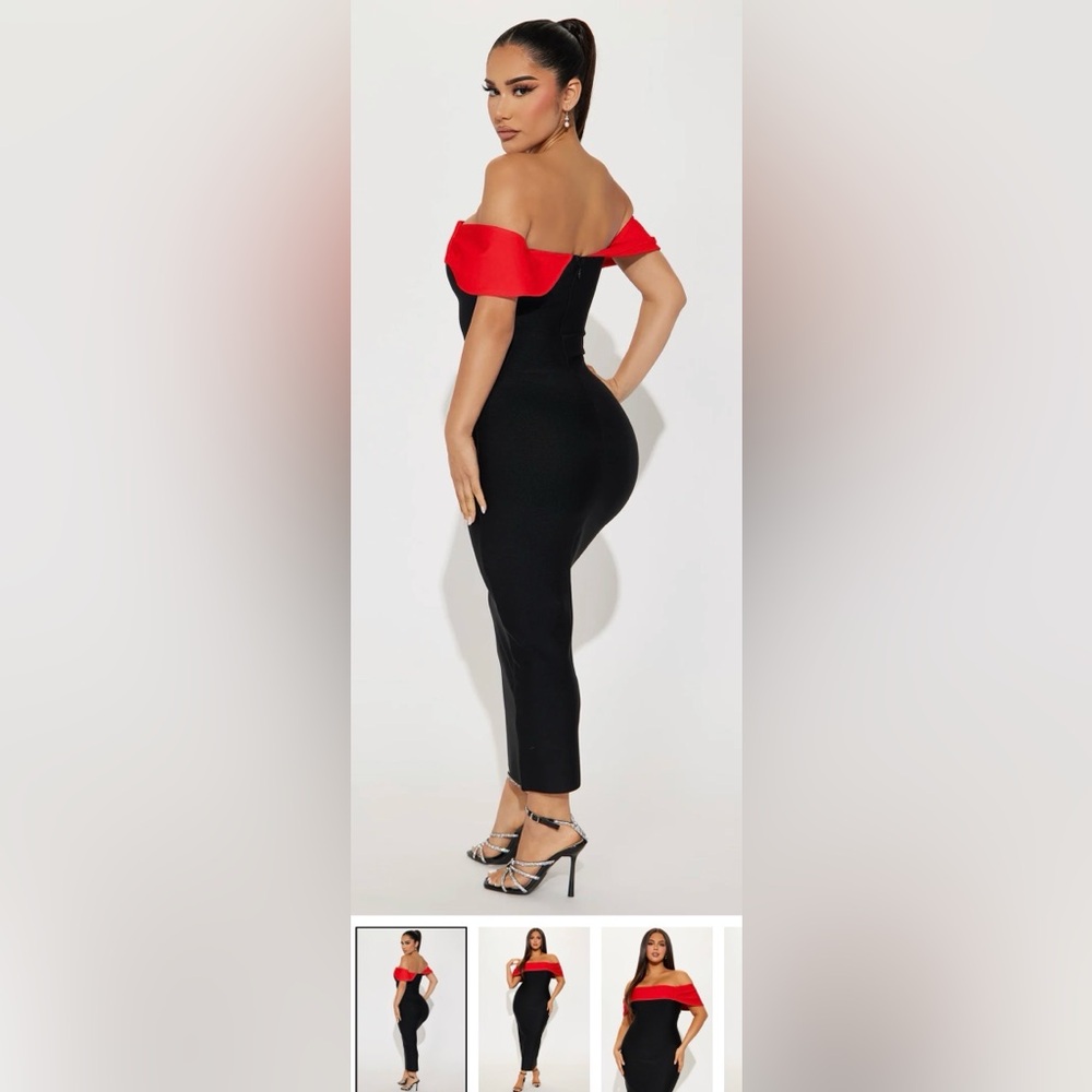 Fashion Nova Red and Black Off-Shoulder Midi Dress